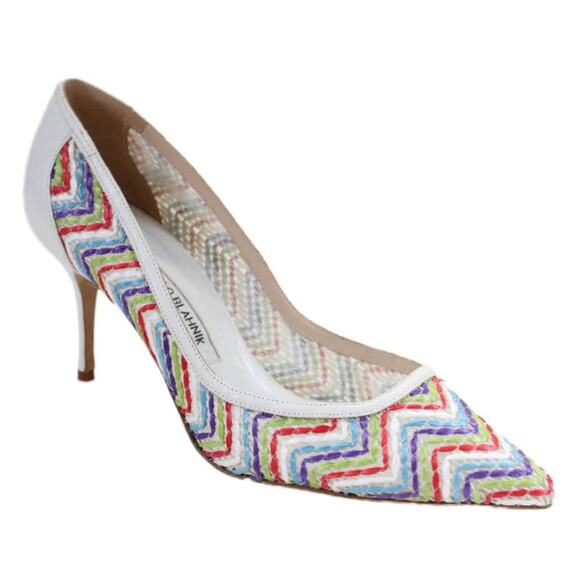 Manolo Blahnik Arina Pointed Toe Rainbow ZigZag Pump White Leather size 39 EU - Picture 1 of 6
